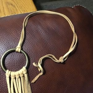Brass ring leather fringe necklace
